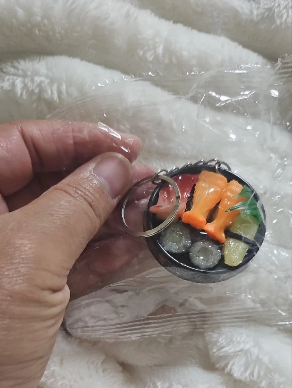 Source Unknown Black Sushi Keychain with Orange, Green and Pink Accents